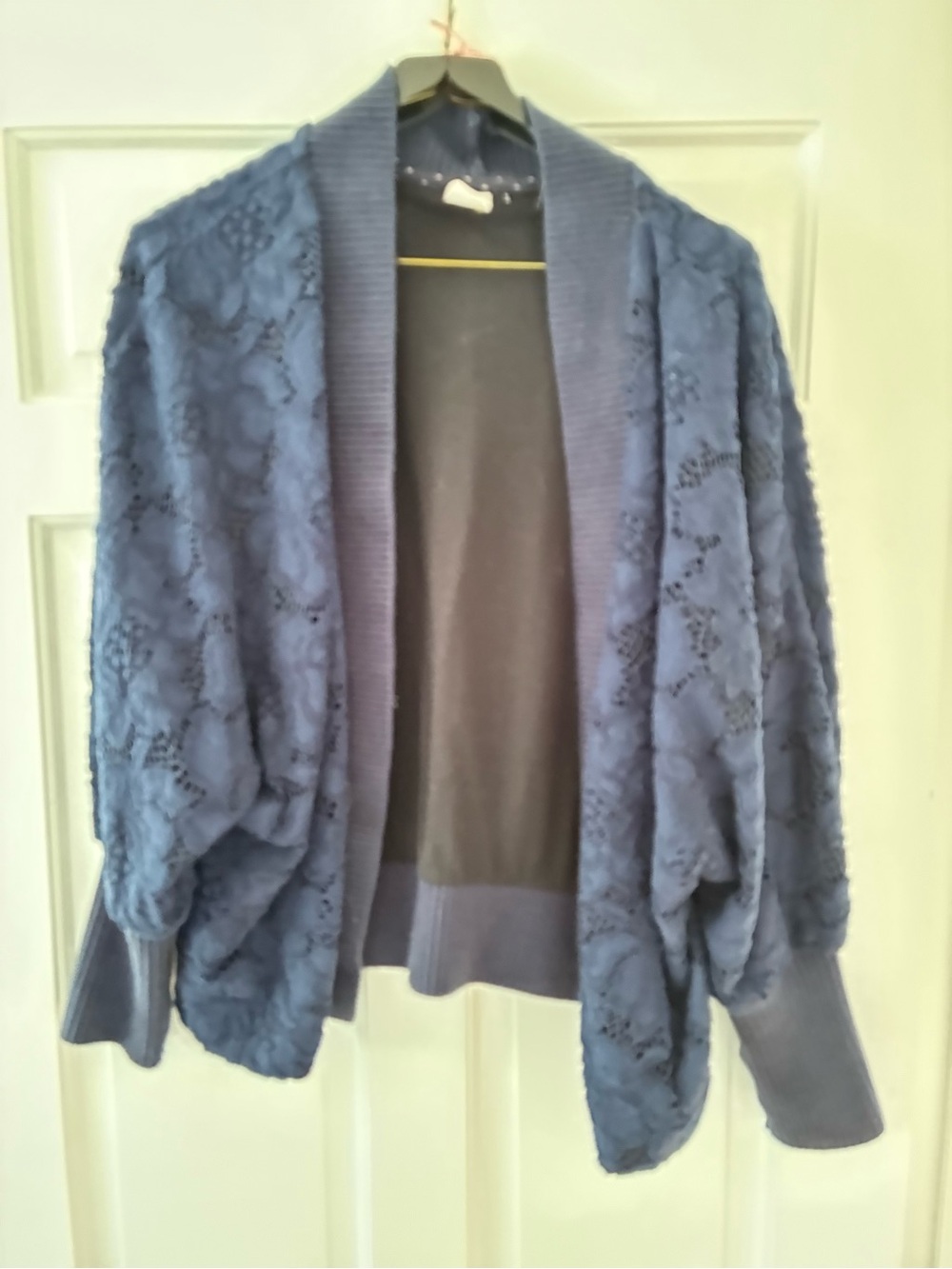 Open-Front Navy Lace Knit Cardigan with Ribbed Trim